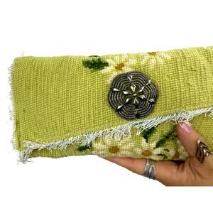 Vintage handmade upcycled designer green daisy woven clutch
